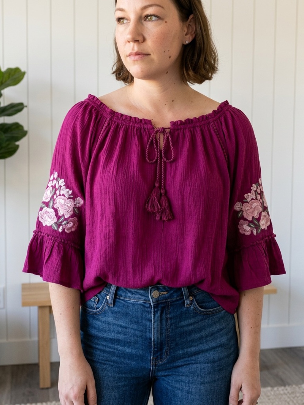 Vintage America Plum Purple Peasant Blouse with Floral Embroidery
